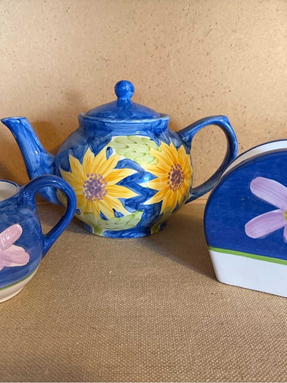 Hand-Painted Blue Sunflower Ceramic Teapot - Floral Home Art